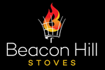 Beacon Hill Stoves logo with a stylized fireplace and flames on a black background
